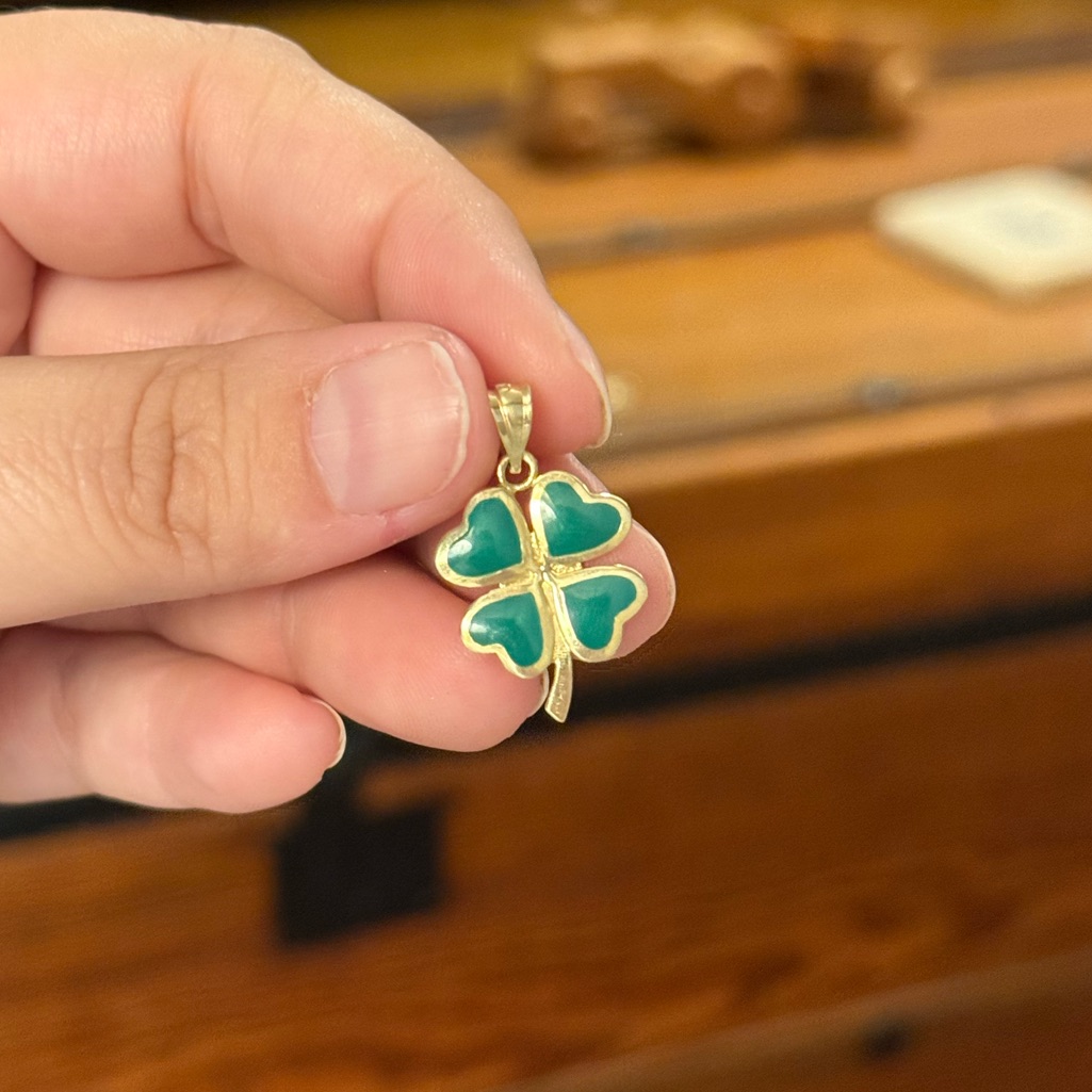 14k Yellow Gold Green Enamel Four Leaf Clover Pendant